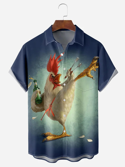 Kung Fu Rooster Print Breast Pocket Short Sleeve Shirt