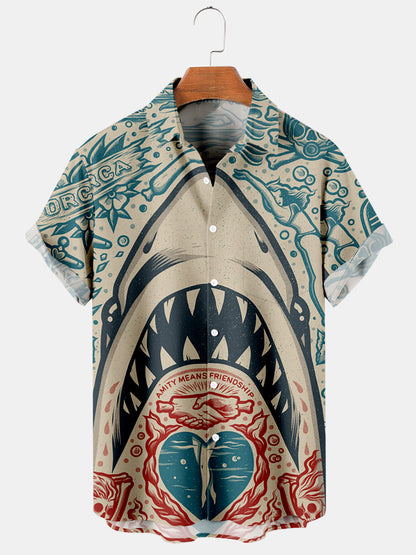 Men's Hawaiian Vintage Jaws Print Short Sleeve Shirt