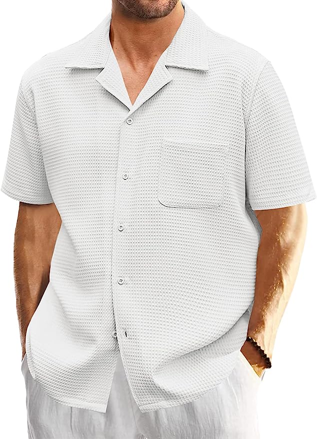 Men's Cuban Collar Pocket Waffle Basic Simple Everyday Casual Shirt
