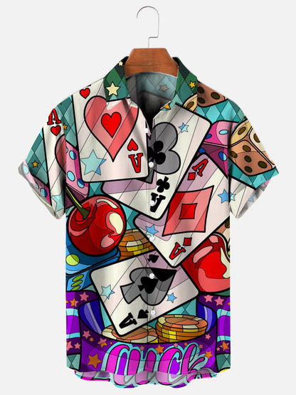 Men's Luck Playing Card Print Casual Short Sleeve Shirt