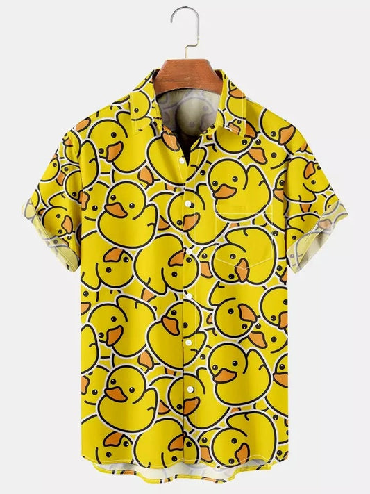 Men's Cartoon Yellow Duck Print Hawaiian Short Sleeve Shirt