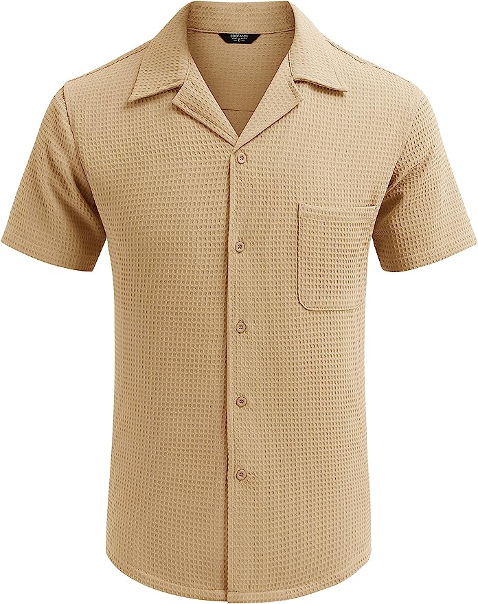 Men's Cuban Collar Pocket Waffle Basic Simple Everyday Casual Shirt