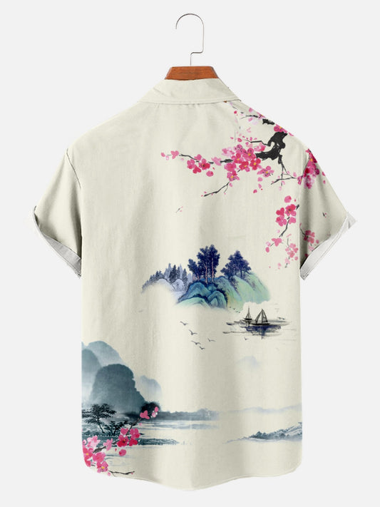 Men's Landscape Print Casual Vacation Short Sleeve Shirt