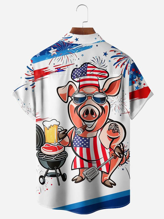 American Flag Mr Pig Cook Chest Pocket Short Sleeve Shirt