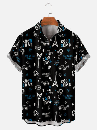 Rock Music Print Hawaiian Casual Short Sleeve Shirt