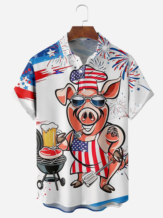 American Flag Mr Pig Cook Chest Pocket Short Sleeve Shirt