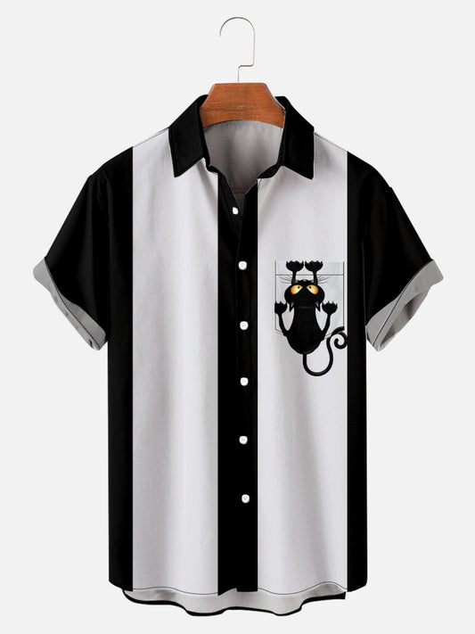 Fun Black Cat Print Pocket Short Sleeve Shirt