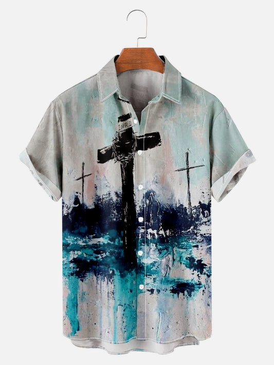 Men's Jesus Cross Print Hawaiian Short Sleeve Shirt