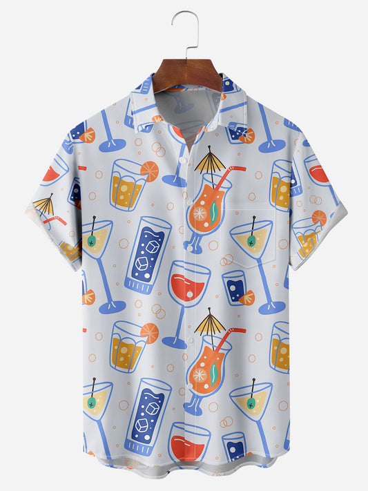 Men's Cocktail Print Chest Pocket Short Sleeve Hawaiian Shirt