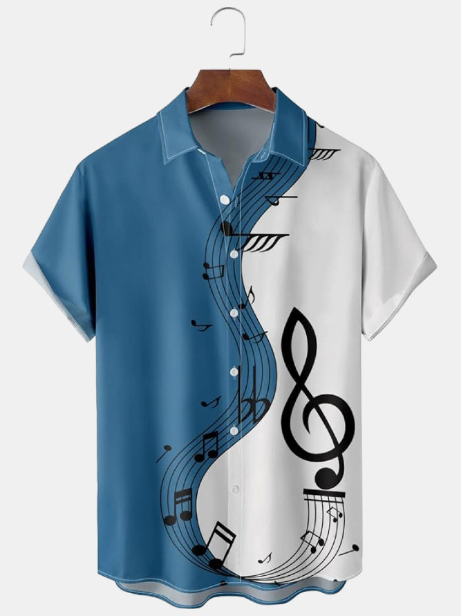 Men's Casual Music Symbol Patchwork Print Hawaiian Short Sleeve Shirt