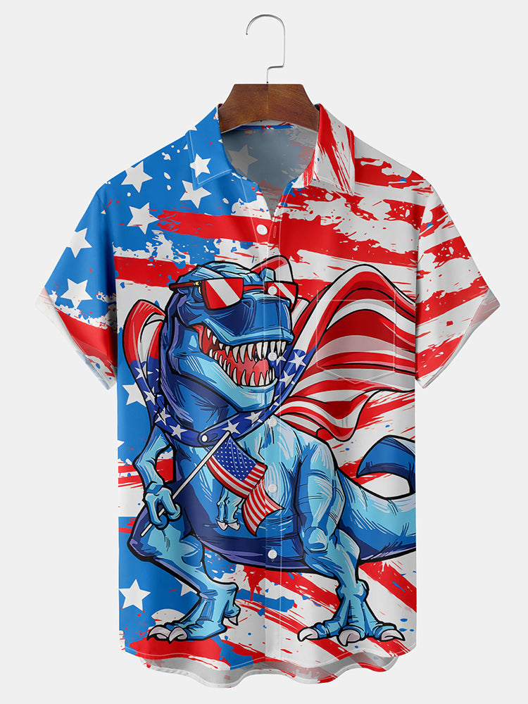 Men'S Dinosaur And Flag Print Shirt