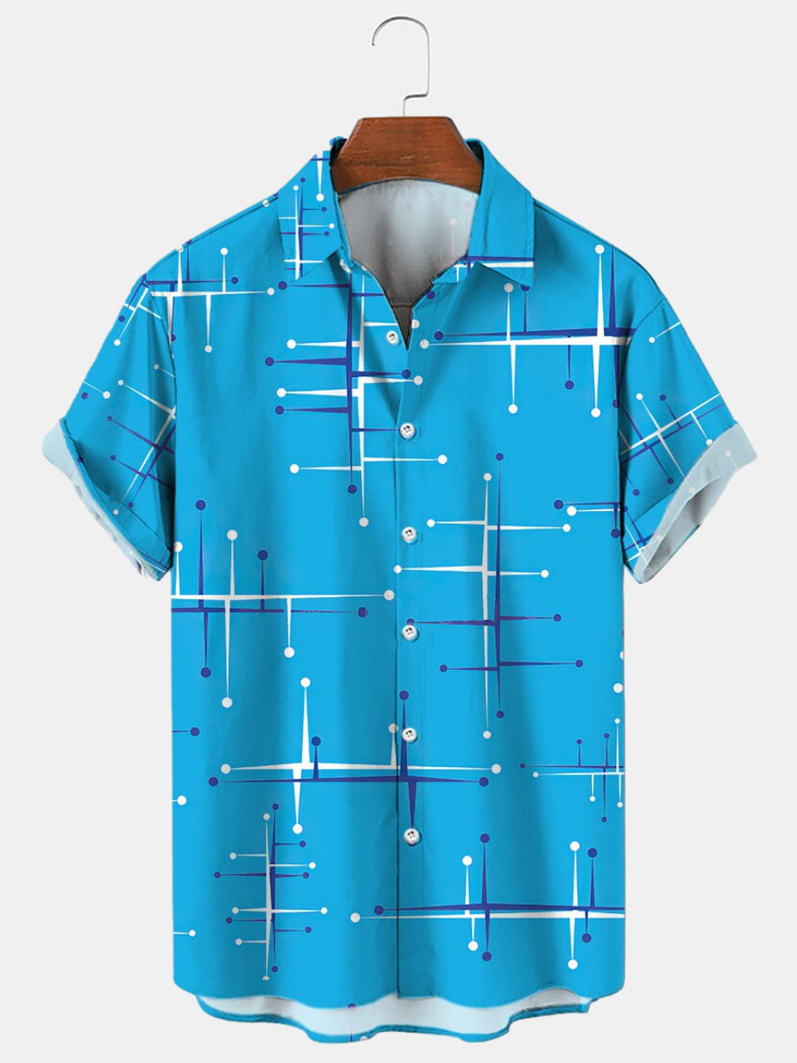 Vintage Mid Century Modern Geometric Blue Men's Casual Short Sleeve Shirt