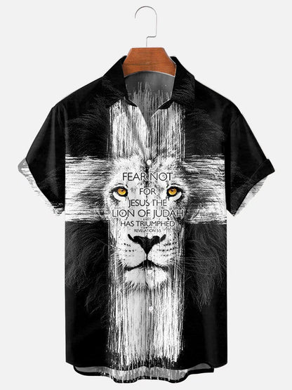 Men's Jesus Lion Cross Print Hawaiian Short Sleeve Shirt