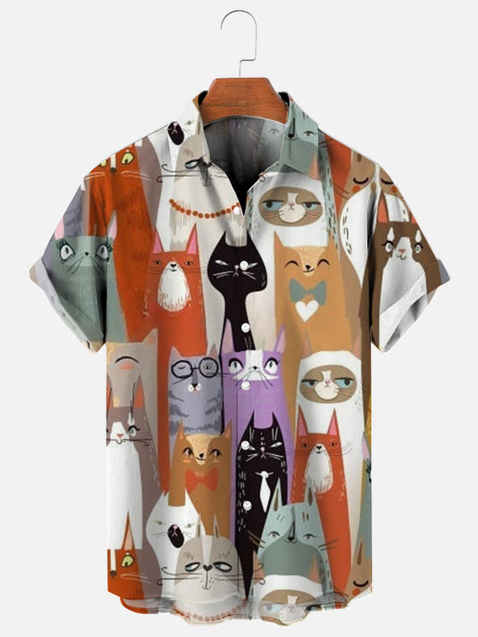 Cat Print Casual Short Sleeve Shirt