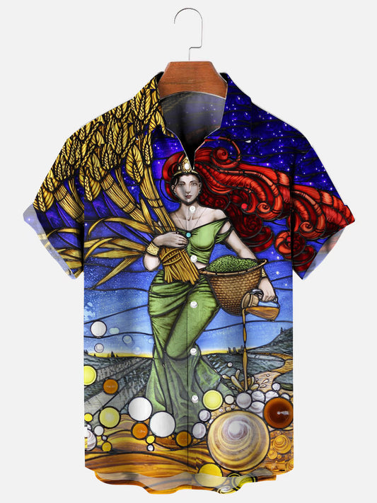 Men's Vintage Beer Goddess Stained Glass Print Hawaiian Short Sleeve Shirt