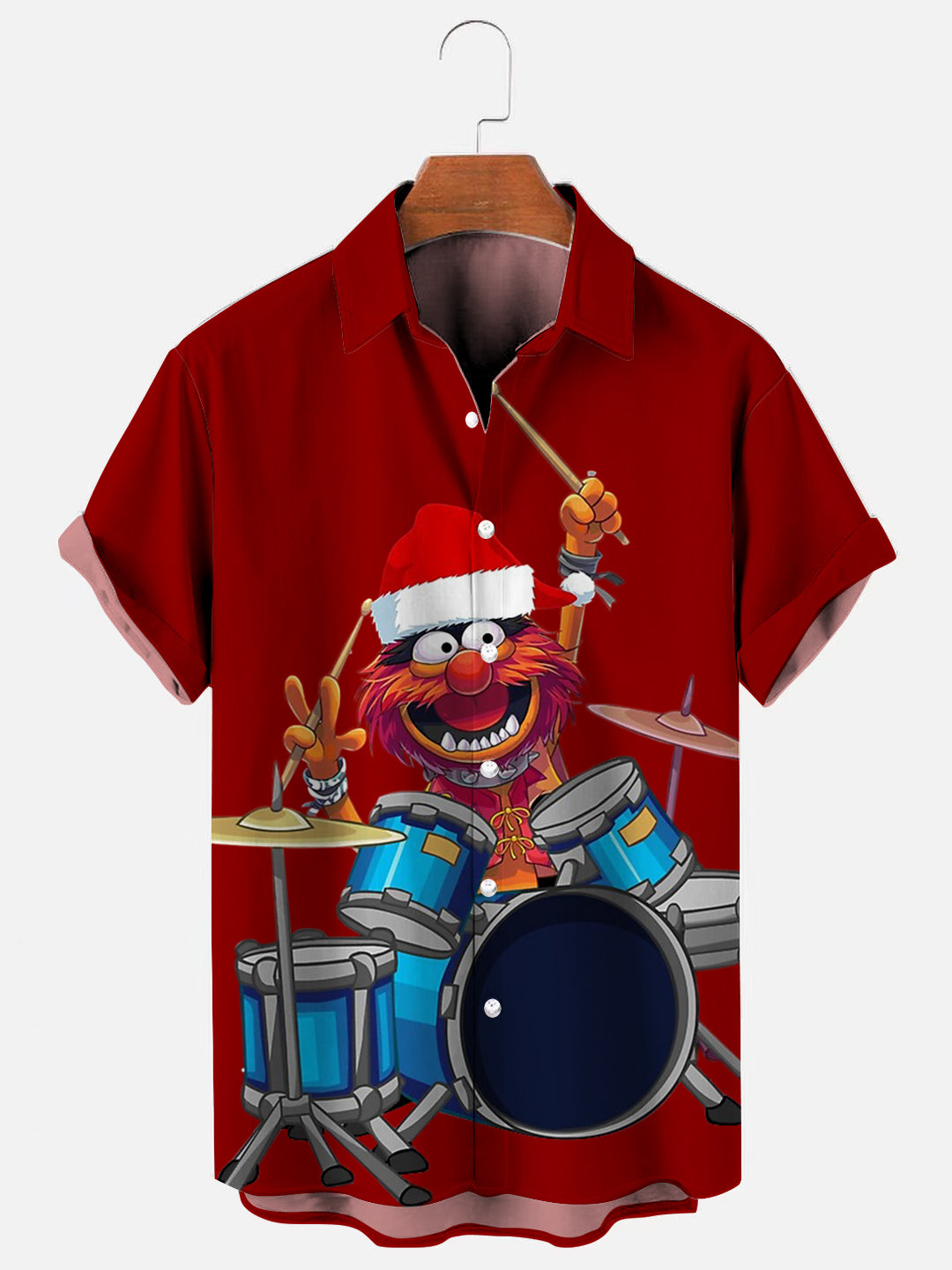 Men's Cartoon Animal Drummer Christmas Print Hawaiian Short Sleeve Shirt