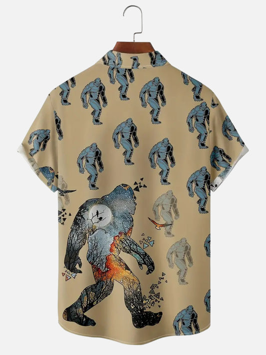 Men's Bigfoot Print Hawaiian Casual Short Sleeve Shirt