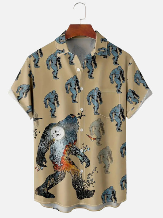 Men's Bigfoot Print Hawaiian Casual Short Sleeve Shirt