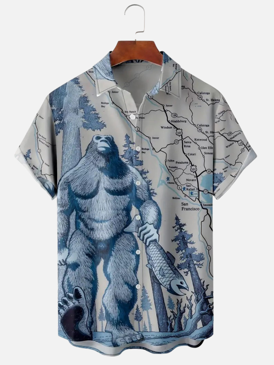 Men's Bigfoot Map Print Hawaiian Short Sleeve Shirt