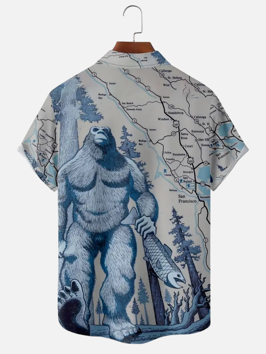 Men's Bigfoot Map Print Hawaiian Short Sleeve Shirt