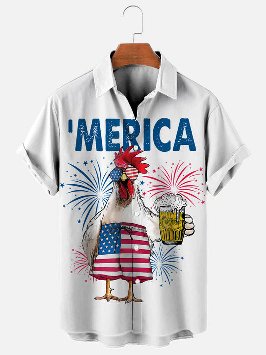 Men's American Chicken Beer Print Hawaiian Short Sleeve Shirt