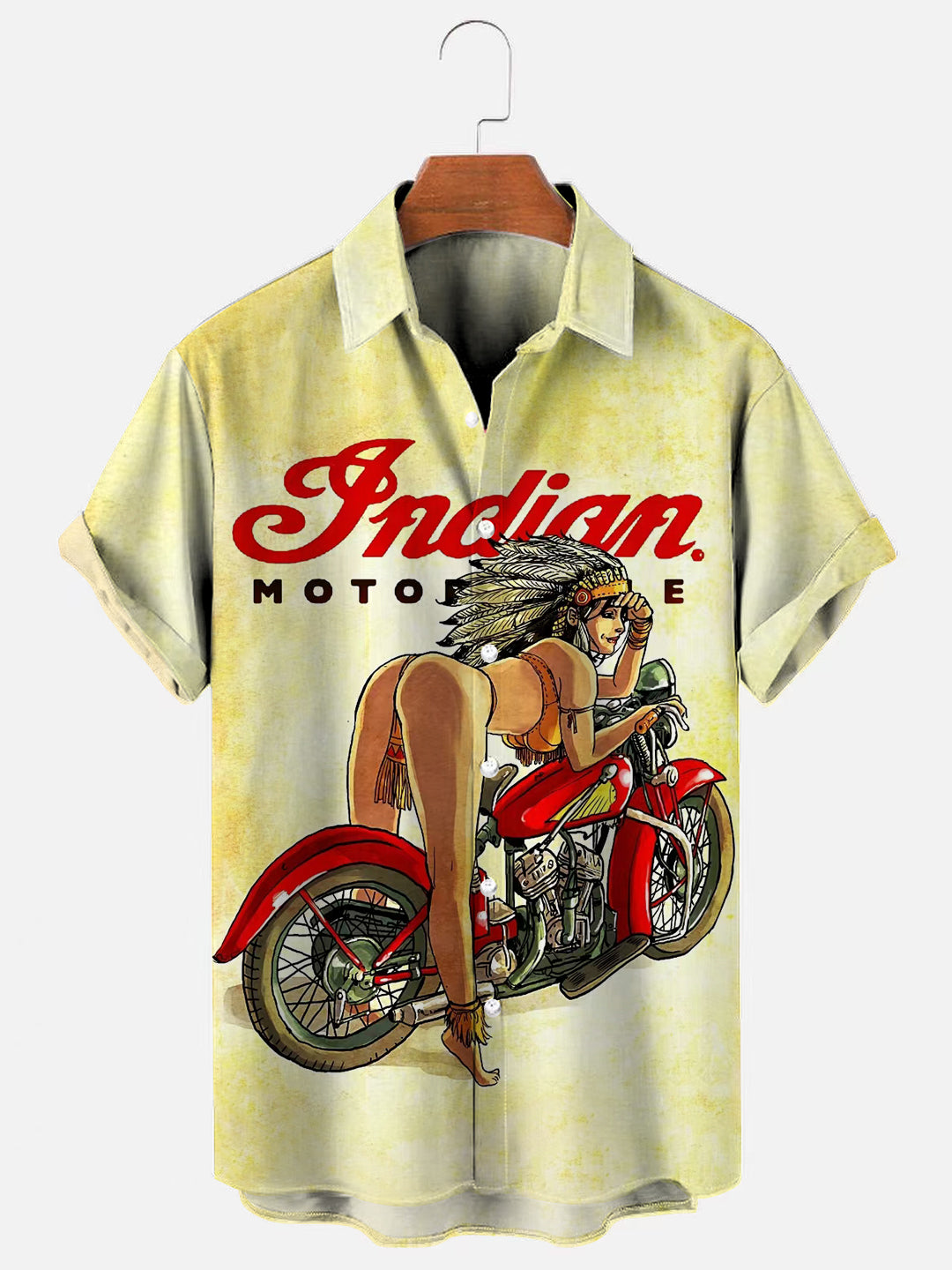 Men's Retro Motorcycle Girl Poster Print Hawaiian Short Sleeve Shirt