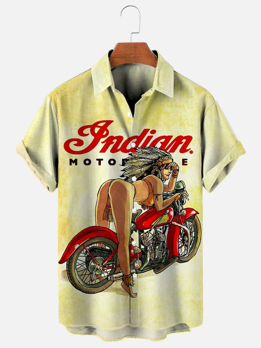 Men's Retro Motorcycle Girl Poster Print Hawaiian Short Sleeve Shirt