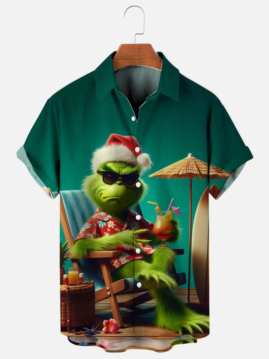 Men's Christmas Grinch Holiday Print Hawaiian Short Sleeve Shirt