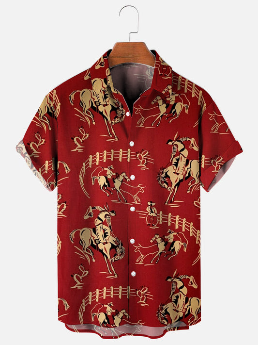 Men's Red Western Vintage Mustang Print Short Sleeve Shirt
