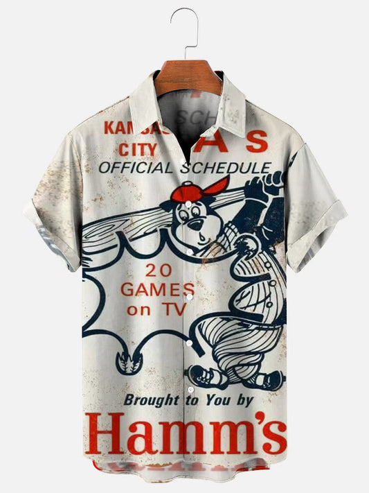 Beer Bears Baseball Sports Vintage Print Short Sleeve Shirt
