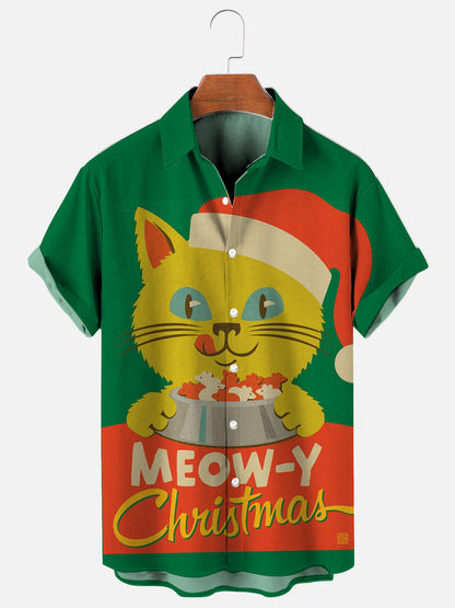 Men's Vintage Christmas Cat Poster Print Holiday Short Sleeve Shirt