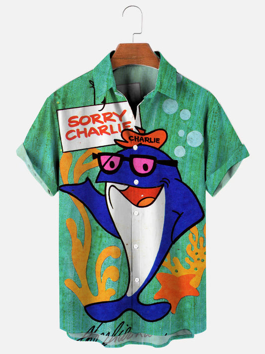 70s Retro Tuna Cartoon Print Hawaiian Short Sleeve Shirt