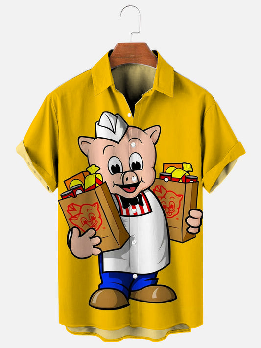 Men's Retro Cartoon Piggy Print Hawaiian Short Sleeve Shirt