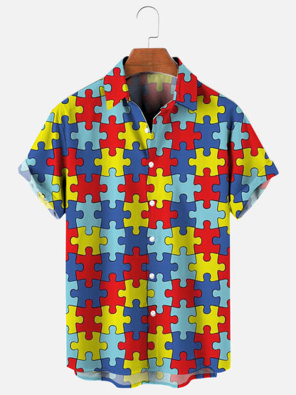 Men's Color Puzzle Print Hawaiian Short Sleeve Shirt