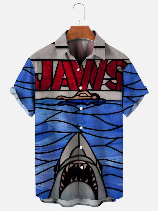 Men's Vintage Jaws Color Print Hawaiian Short Sleeve Shirt