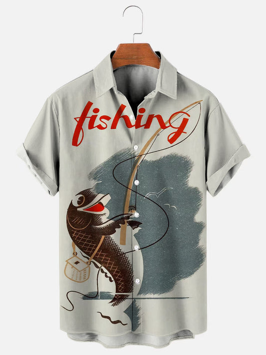 Men's Vintage Fishing Print Hawaiian Short Sleeve Shirt