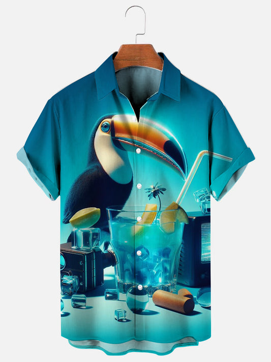 Men's Toucan Cocktail Poster Print Hawaiian Short Sleeve Shirt