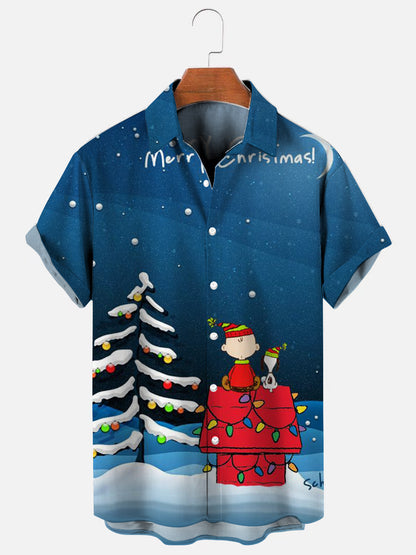 Men's Christmas Cartoon Character Decoration Tree Print Holiday Short Sleeve Shirt