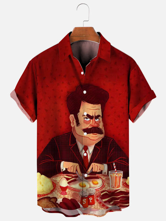 Men's Ron Swanson Print Hawaiian Short Sleeve Shirt