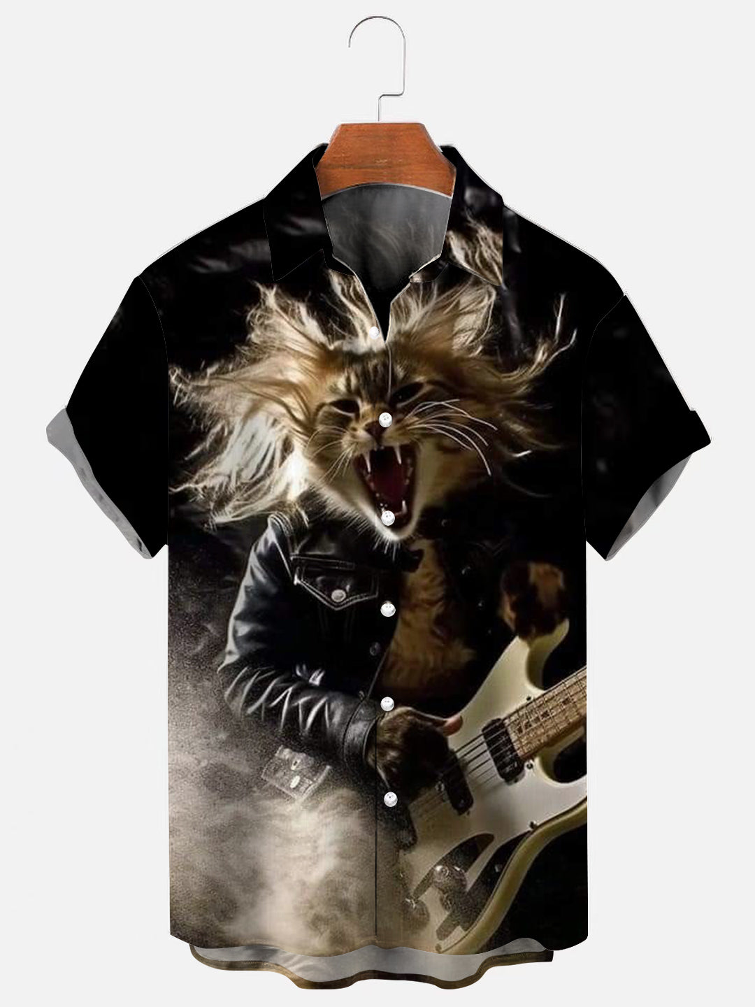 Men's Crazy Rock Cat Fashion Print Short Sleeve Shirt