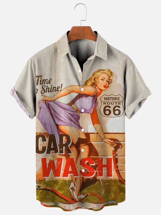 Route 66 Car Wash Girl Retro Print Casual Short Sleeve Shirt