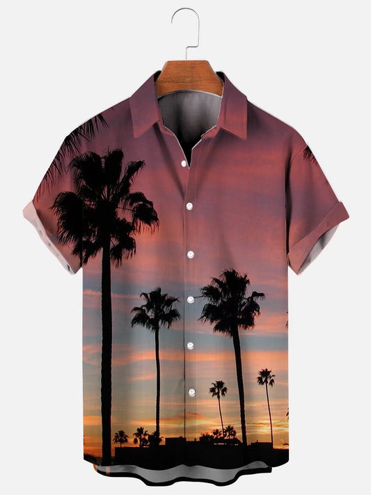 Men's California Palm Sunset Print Hawaiian Short Sleeve Shirt