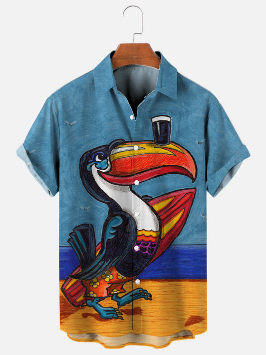 Men's Vintage Toucan Beach Surfboard Graphic Print Hawaiian Short Sleeve Shirt