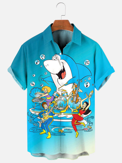 Men's Cartoon Shark Music Graphic Print Hawaiian Short Sleeve Shirt