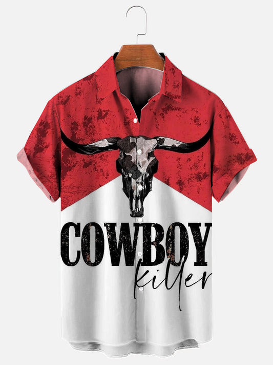 Men's Cowboy Killer Vintage Bull Pattern Casual Short Sleeve Shirt