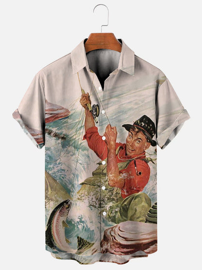 Outdoor Fishing Vintage Print Hawaiian Short Sleeve Shirt