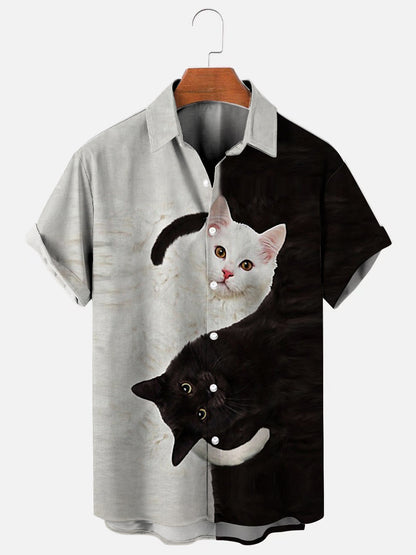 Men's Black and White Cat 3D Print Hawaiian Short Sleeve Shirt