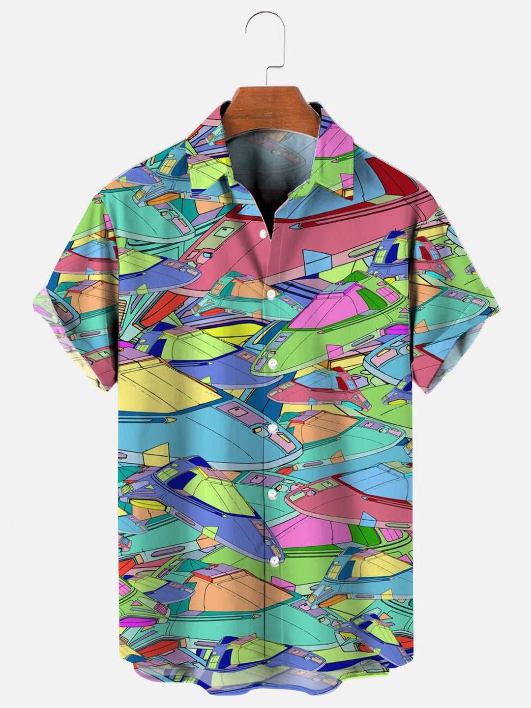 Men's Spaceship Print Casual Short Sleeve Shirt