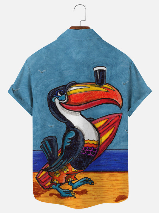 Men's Vintage Toucan Beach Surfboard Graphic Print Hawaiian Short Sleeve Shirt