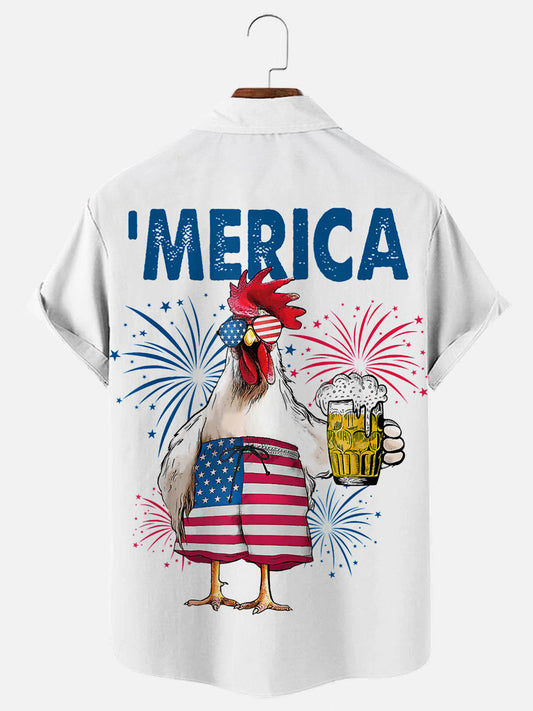 Men's American Chicken Beer Print Hawaiian Short Sleeve Shirt